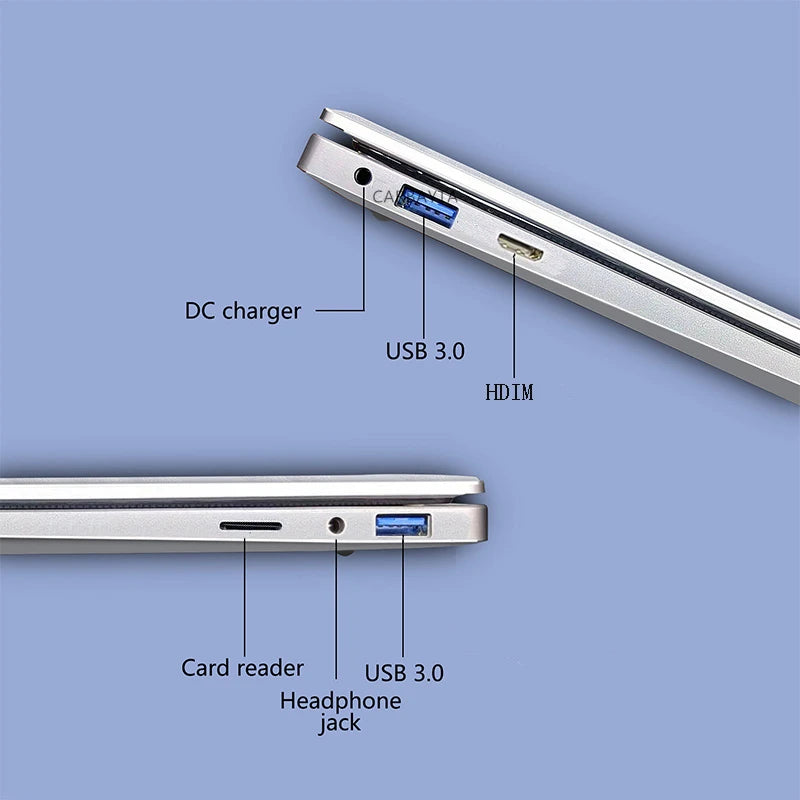 “Silver laptop with USB 3.0, HDMI, DC charger, card reader, and headphone jack – verified connectivity from The Elektronic Store.”