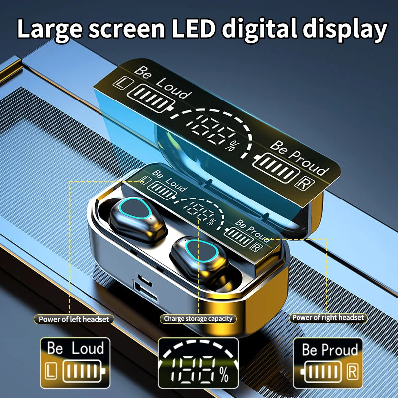 Angled view of TWS Bluetooth earbuds inside LED charging case.