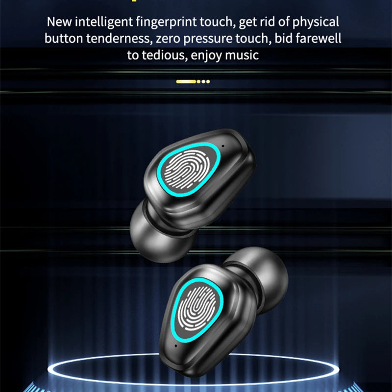 TWS earbuds and charging case on a dark background with lighting highlighting the product.