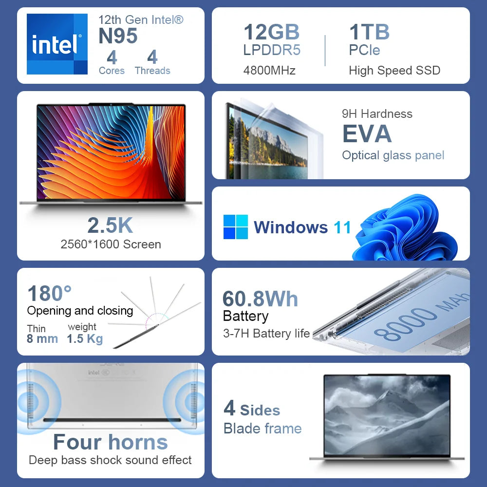 DERE Laptops M16 2023 New 16" 2.5K IPS Ultra HD Intel N95 12GB
