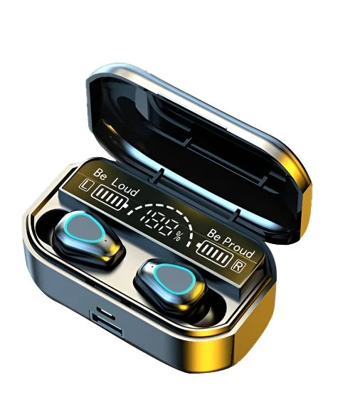 Close-up of TWS Bluetooth earbuds in an open LED charging case showing battery levels.
