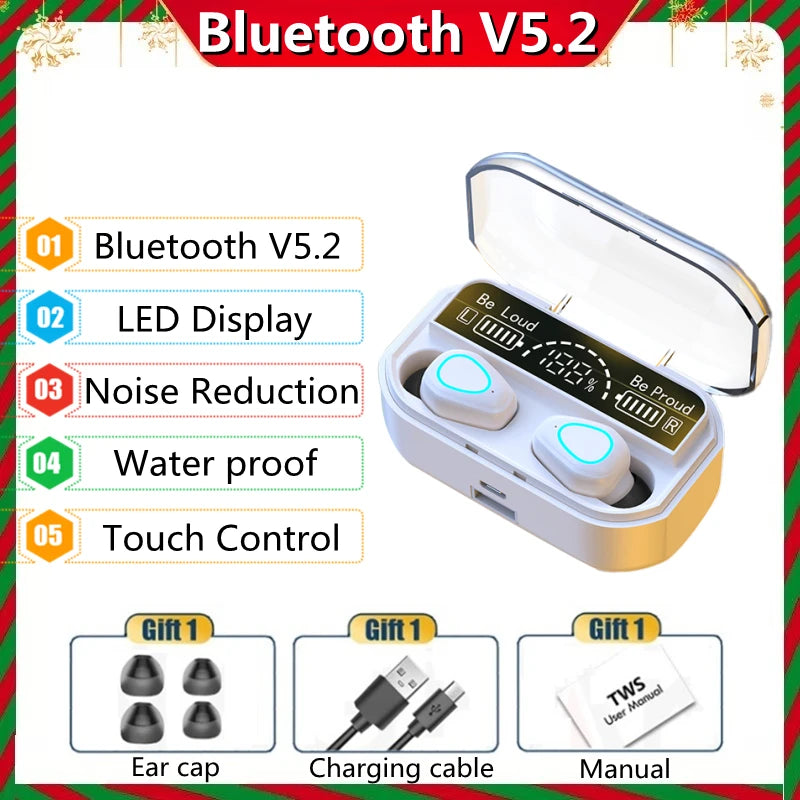 Product card showing TWS earbuds features including battery life, Bluetooth 5.1, and touch control icons.
